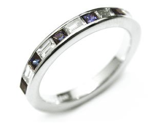 18k White Gold Baguette Diamond & Princess Cut Natural Sapphire Half Circle Ring Size 6.25 Ct.tw 0.85
