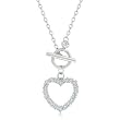 White Gold Rhodium Bonded to .925 Sterling Silver Heart Charm Necklace Featuring Pave Clear CZ Heart and Bezel CZ Topping Toggle Clasp Fixture in Silvertone