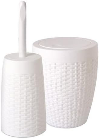 Lipski Rattan Bathroom Set of Round Bath Bin(6 Liter/1.58 Gallons) & Round Toilet Brush White