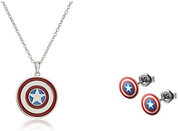 fashion quake Movie Serries Captain America the Avengers Star Shield Pendant Necklace + Stud Earrings