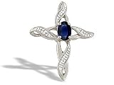 14K White Gold Genuine Oval Sapphire and Diamond Cross Pendant
