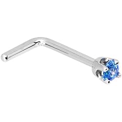Solid 14KT White Gold 2mm Arctic Blue Cubic Zirconia L-Shaped Nose Ring - 20 Gauge