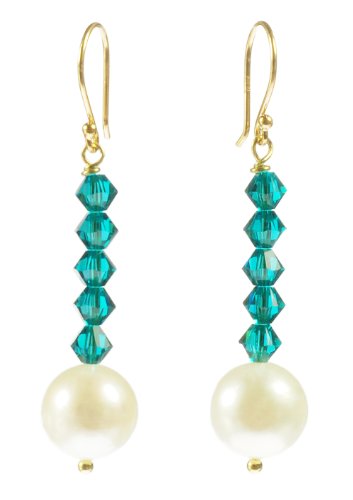 Gold Over Sterling Silver Ear Wire Crystallized Swarovski Elements Bicone Drop Earrings in Birthstone Color and White Freshwater Potato Pearls December Zircon