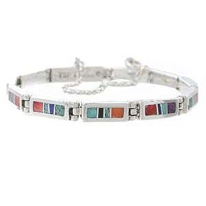 Southwestern Native American Handcrafted Turquoise and Spiny Oyster Inlaid Link Bracelet in Sterling Silver by Calvin Begay, #7963