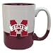 15 oz. 2-Tone Maroon/White Grande Coffee Mug with large handle. Colorful applique is approx 2 inches high.