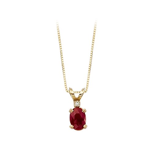 14K Yellow Gold 0.01 ct. Diamond and 6 x 4 MM Oval Shaped Ruby Pendant with Chain