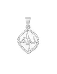 Sparkling Almond Shaped Sterling Silver Muslim Allah Pendant Bordered With White Cubic Zirconia