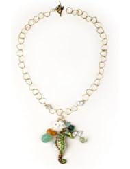 Meg Carter Designs 14k Gold Plate, Cloissone Seahorse, Agate, Turquoise and Freshwater Pearls" Seahorse Bauble Chain" Long Necklace in Copper & Blue