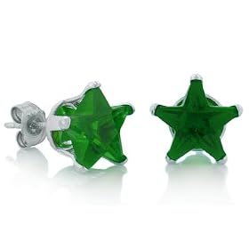 May Birthstone Emerald Green Star Cut Cubic Zirconia CZ Silver Stud Earrings