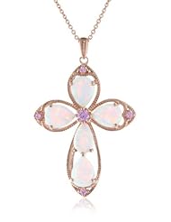 Rose Gold Plated Sterling Silver Created Opal With Created Pink Sapphire Cross Pendant Necklace, 18"