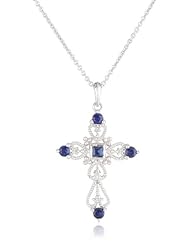 Sterling Silver Square Round Created Ceylon Sapphire Cross Pendant Necklace, 18"
