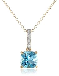 18k Yellow Gold Plated Sterling Silver Two-Tone Swiss Blue Topaz and Diamond Accent Cushion Pendant Necklace, 18"