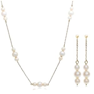 14k Yellow Gold Freshwater Cultured Pearl Dangle Earrings and Necklace Set