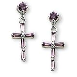 Sterling Silver and Amethyst CZ Cross Pierced Earrings