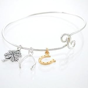 Wire LUCK Charm Bracelet in Sterling Silver with Horseshoe, Wishbone, and Four-Leaf Clover Charms, #8024