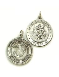 Saint Christopher Sterling Silver Reversible US Marine Corp Pendant with 20 inch steel Necklace Chain
