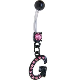 Black Anodized PINK Jeweled Initial Belly Ring-LETTER "G" by 