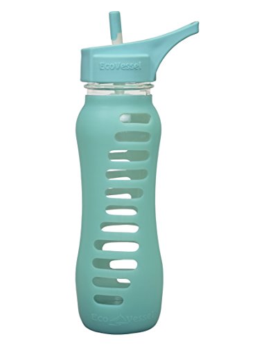 EcoVessel Surf Glass Water Bottle with Protective Silicone Sleeve and Flip Straw Top, 22 Ounces, Aqua Wave