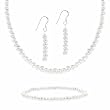 Sterling Silver 4mm Simulated White Pearl Stone Bead Beaded Dangle Hook Earrings Stretch Bracelet Necklace 15-19" Jewelry Set