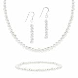 Sterling Silver 4mm Simulated White Pearl Stone Bead Beaded Dangle Hook Earrings Stretch Bracelet Necklace 15-19