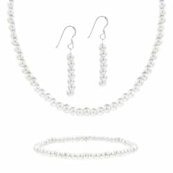 Sterling Silver 4mm Simulated White Pearl Stone Bead Beaded Dangle Hook Earrings Stretch Bracelet Necklace 15-19" Jewelry Set