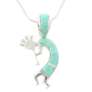 Southwestern Turquoise Inlaid Kokopelli Pendant with Inlay Bale in Sterling Silver by Native American Indian Artist Calvin Begay on 18" Sterling Snake Chain , #7782