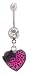 Stainless Steel Belly Ring with Clear Crystals - Pink Heart Dangling with Ribbon
