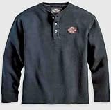 Harley Davidson Mens Long Sleeve Henley Shirt, Black or Off-White, 100% cotton waffle knit henley, button front placket, embroidered Bar & Shield logo patch on left chest. Large embroidered graphic on back. Men's Black 99011-07VM, Off-White 99012-07VM