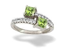 14K White Gold Genuine Square Peridot and Diamond Bypass Ring