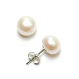 Sterling Silver 8x8.5mm White Freshwater Cultured Pearl Button Stud Earrings