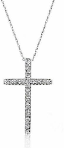 PRJewelry 18k White Gold Plated Cubic Zirconia 19.5x30.5mm Cross Pendant Necklace 16"+ 2" Extender