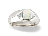 14K White Gold Genuine Emerald-cut Opal and Diamond Men's Ring