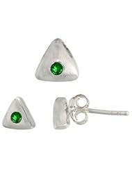 Sterling Silver Matte-finish Triangular Earrings (6mm tall) & Pendant Slide (7mm tall) Set, w/ Brilliant Cut Emerald-colored CZ Stones