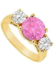 Three Stone Pink Sapphire and Diamond Ring 14K Yellow Gold - 2.50 TGW