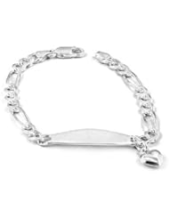 Sterling Silver 925 Figaro Link ID Heart Charms Bracelet