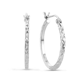 14K White Gold Diamond-Cut and Polished Hoop Earrings