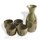 Japanese 5 Pc Sake Carafe & Cup Set Green & Cherry Blossoms