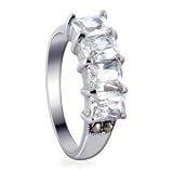 Nickel Free Sterling Silver Quad Emerald Cut Cubic Zirconia Polished Finish Marcasite Accents Band Ring Size 5, 6, 7, 8, 9, 10