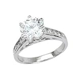 Sterling Silver Solitaire Engagement Ring With Round Cubic Zirconia in 6 Prong Setting With Sidestones in Channel Setting