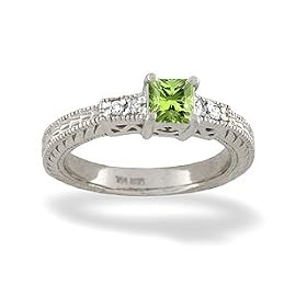 14K White Gold Genuine Square Peridot and Diamond Ring by Jewels For Me