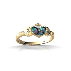 14K Yellow Gold Pear Created Alexandrite and Diamond Celtic Claddagh Ring