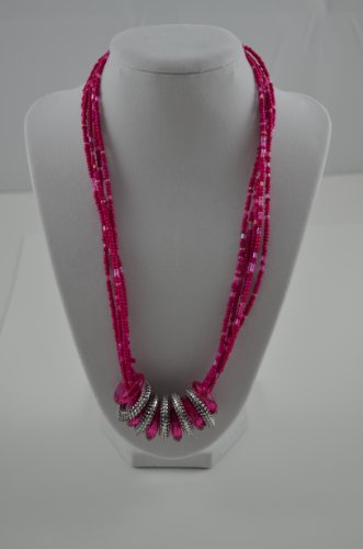 Necklace Multi Strands Beads with Silver Rings Pink 3 inch extensions