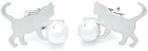 Japan Brand Maggio Playing Cat with Pearls Earrings (rhodium-plated-base-metal)