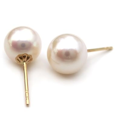 HinsonGayle Premium Round 9.0-9.5mm White Cultured Pearl Stud Earrings (14K Yellow Gold)