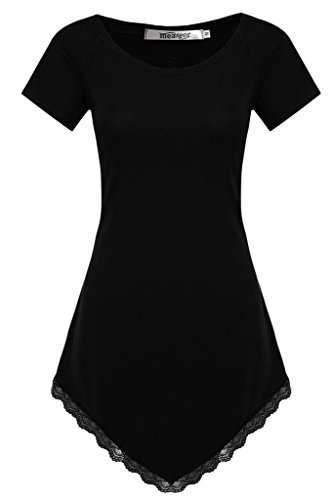 Meaneor Women's Round Neck Short Sleeve Lace Hem Solid Tunic Top Shirts