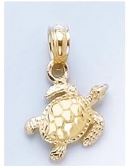 14k Gold Nautical Necklace Charm Pendant, Sea Turtle High Polish & Textured