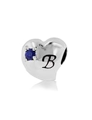 Sterling Silver Alphabet B Pandora Style Charm with 2 Pieces 3mm Dark Blue Natural Sapphire Gemstones on Both Sides , Fits Pandora and All Brands Charm Bracelets and Necklaces.