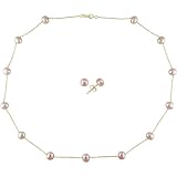 14K Yellow Gold Pink Freshwater Cultured Pearl (5-6mm) Necklace and Earrings Set