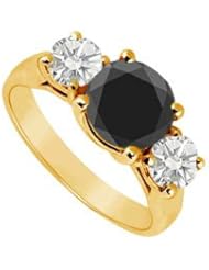 14K Yellow Gold Round Prong Set Black and White Diamond Three Stone Ring 2.00 CT TDW