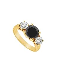 14K Yellow Gold Round Prong Set Black and White Diamond Three Stone Ring 2.00 CT TDW